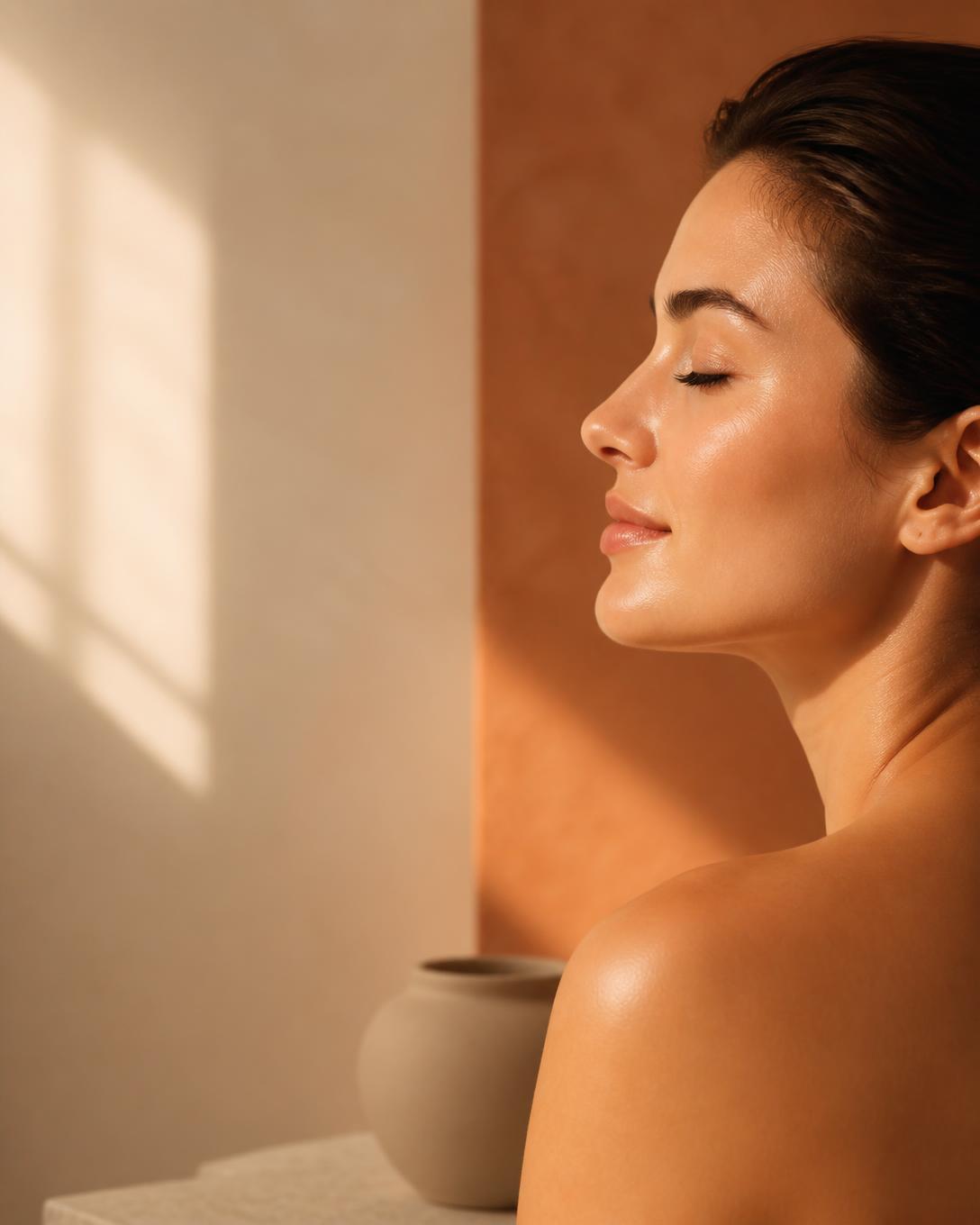 Mulher com pele natural iluminada em composição editorial